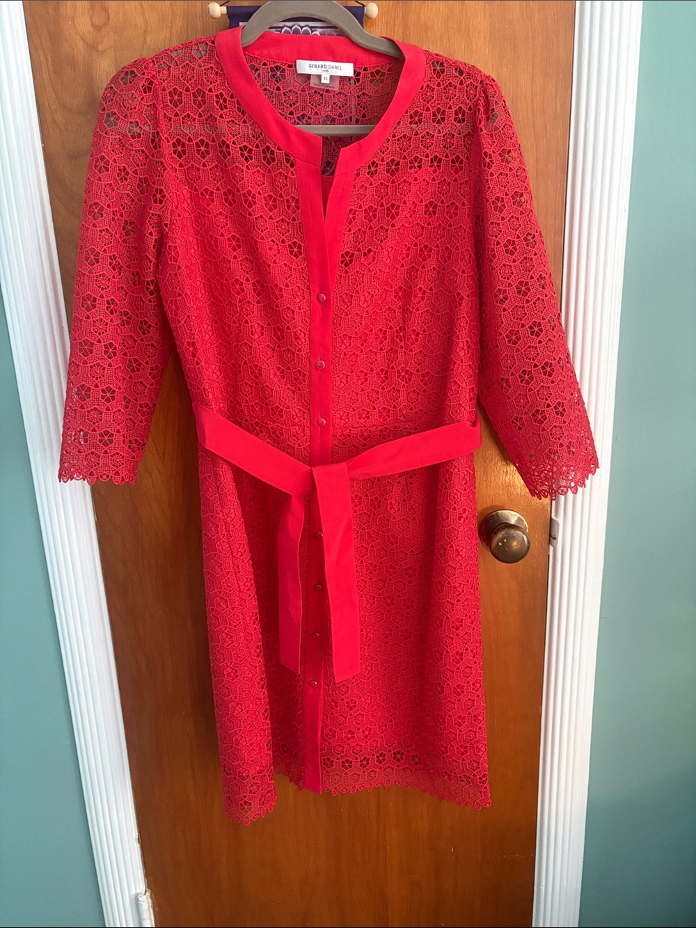 Gerard Darel Red Lace Belted Knee-Length dress